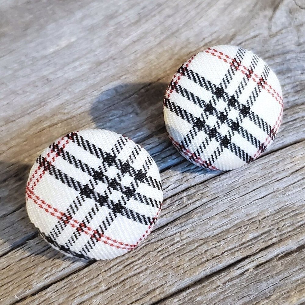 White Black Red Tartan Plaid Fabric Button Earrings